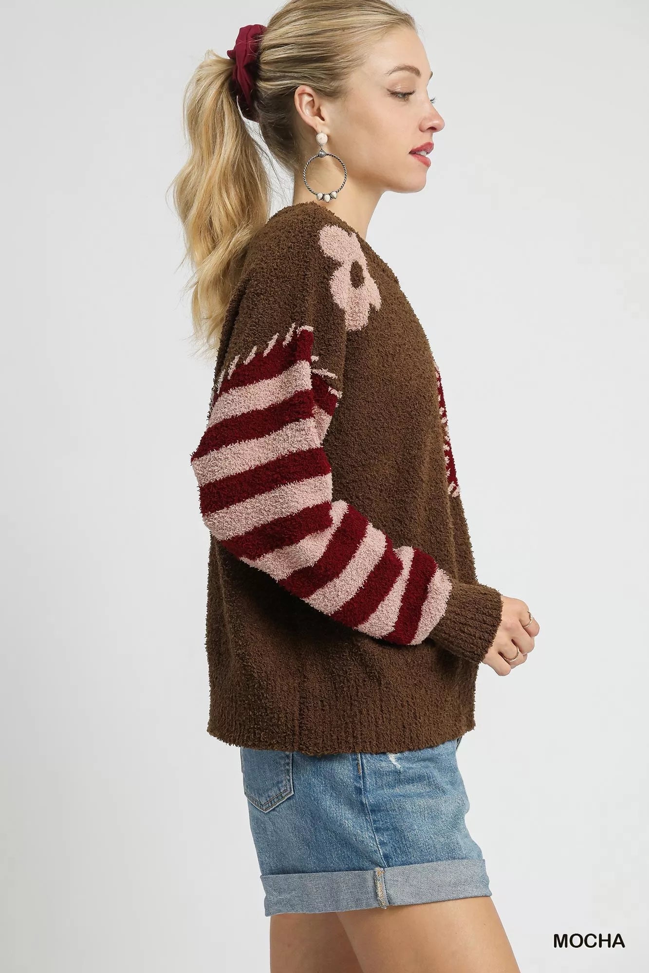 Umgee Flower Jacquard Striped Long Sleeve Sweater - Tigbul's Variety Fashion Shop