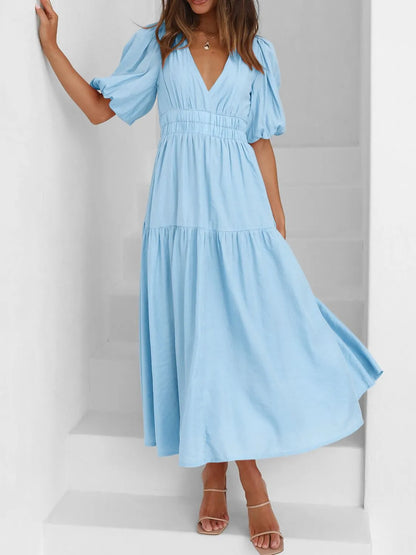 V-Neck Puff Sleeve Midi Dress - Tigbul's Variety Fashion Shop