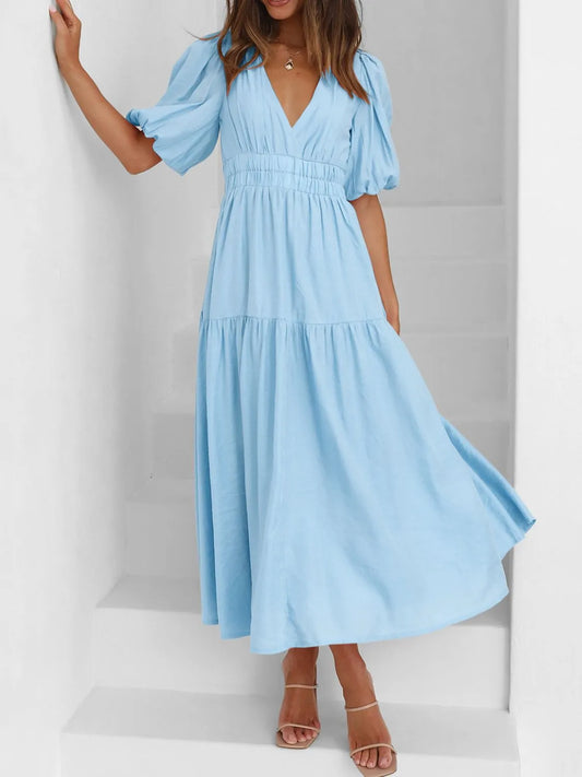V-Neck Puff Sleeve Midi Dress - Tigbul's Variety Fashion Shop