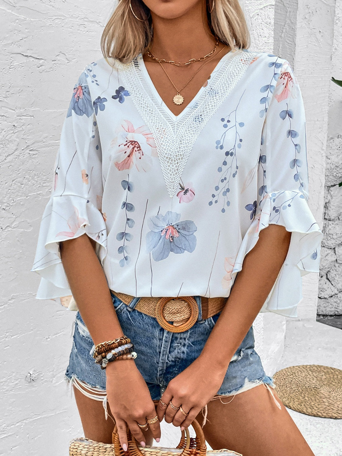 Ruffled Printed V-Neck Half Sleeve Blouse - Tigbul's Variety Fashion Shop