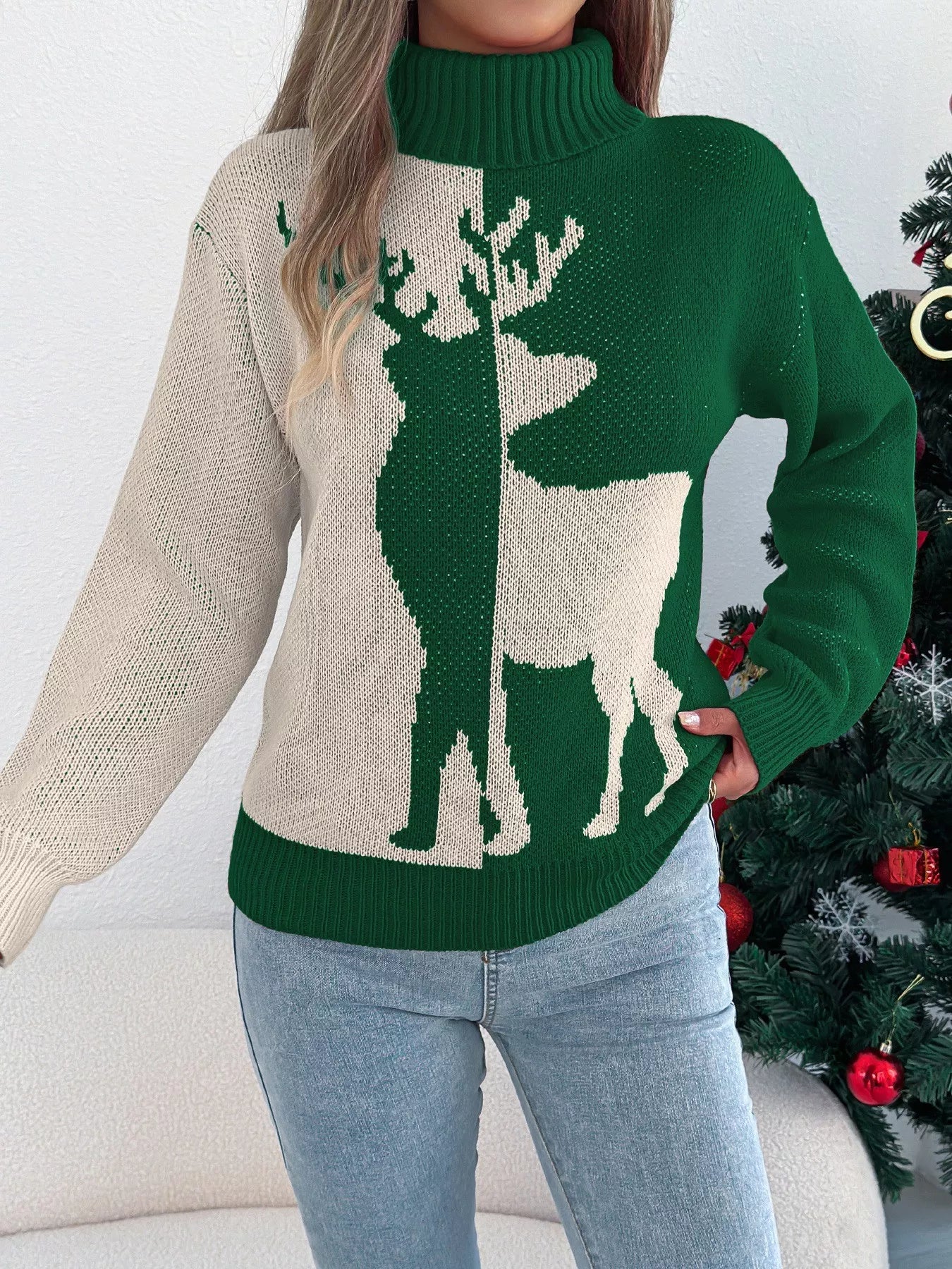 Christmas Reindeer Turtleneck Sweater - Tigbul's Variety Fashion Shop