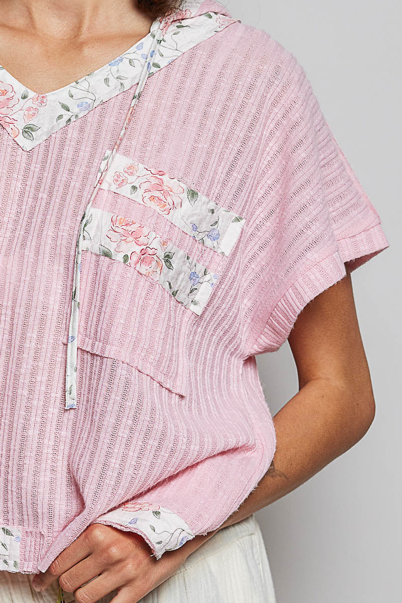 Soft Pink short-sleeve hooded top with embroidered floral patch details
