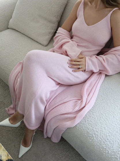 V-Neck Knit Dress and Cardigan Sweater Set - Tigbul's Variety Fashion Shop