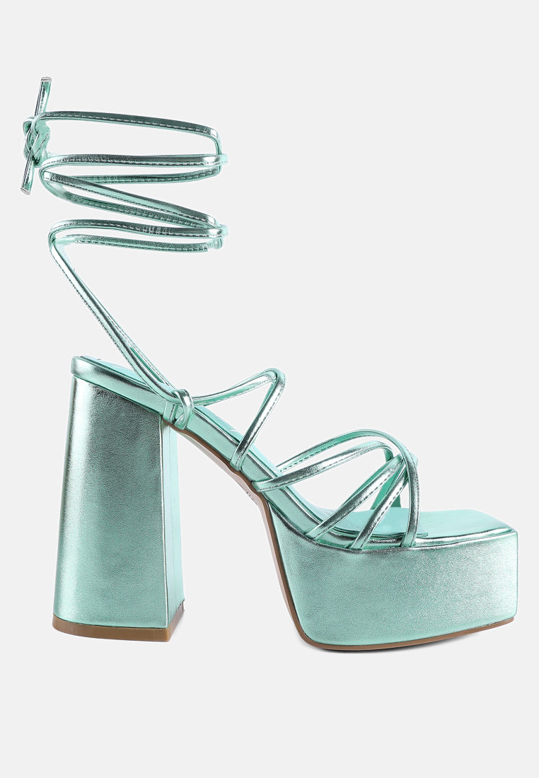 Anvil Metallic Block Heeled Lace Up Sandals - Tigbul's Variety Fashion Shop