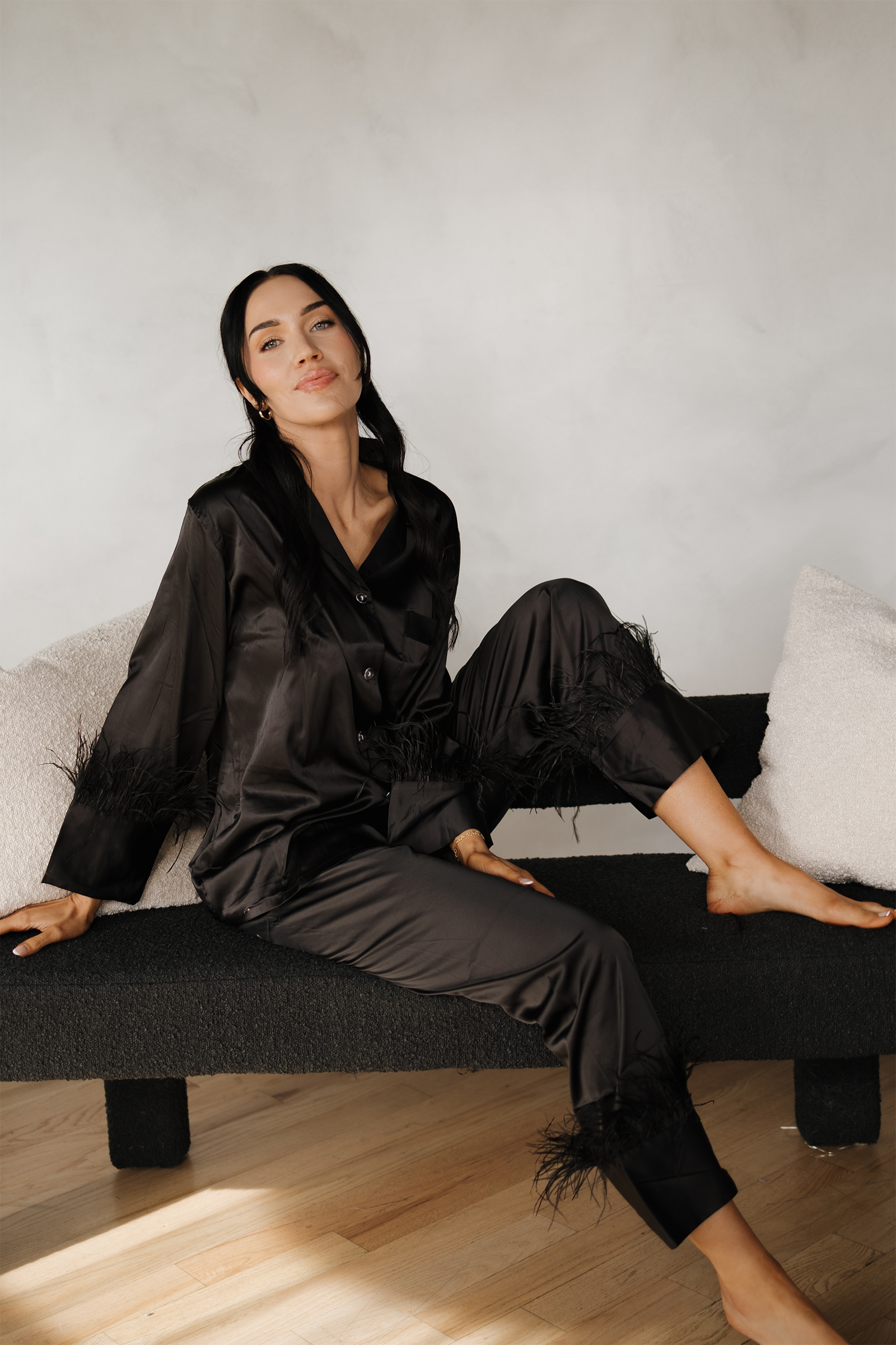 Black Feathers Satin Pants Set - Tigbul's Variety Fashion Shop