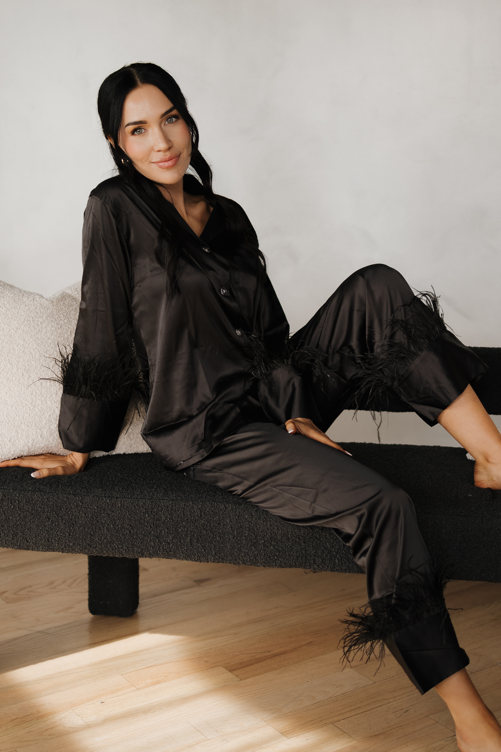 Black Feathers Satin Pants Set - Tigbul's Variety Fashion Shop