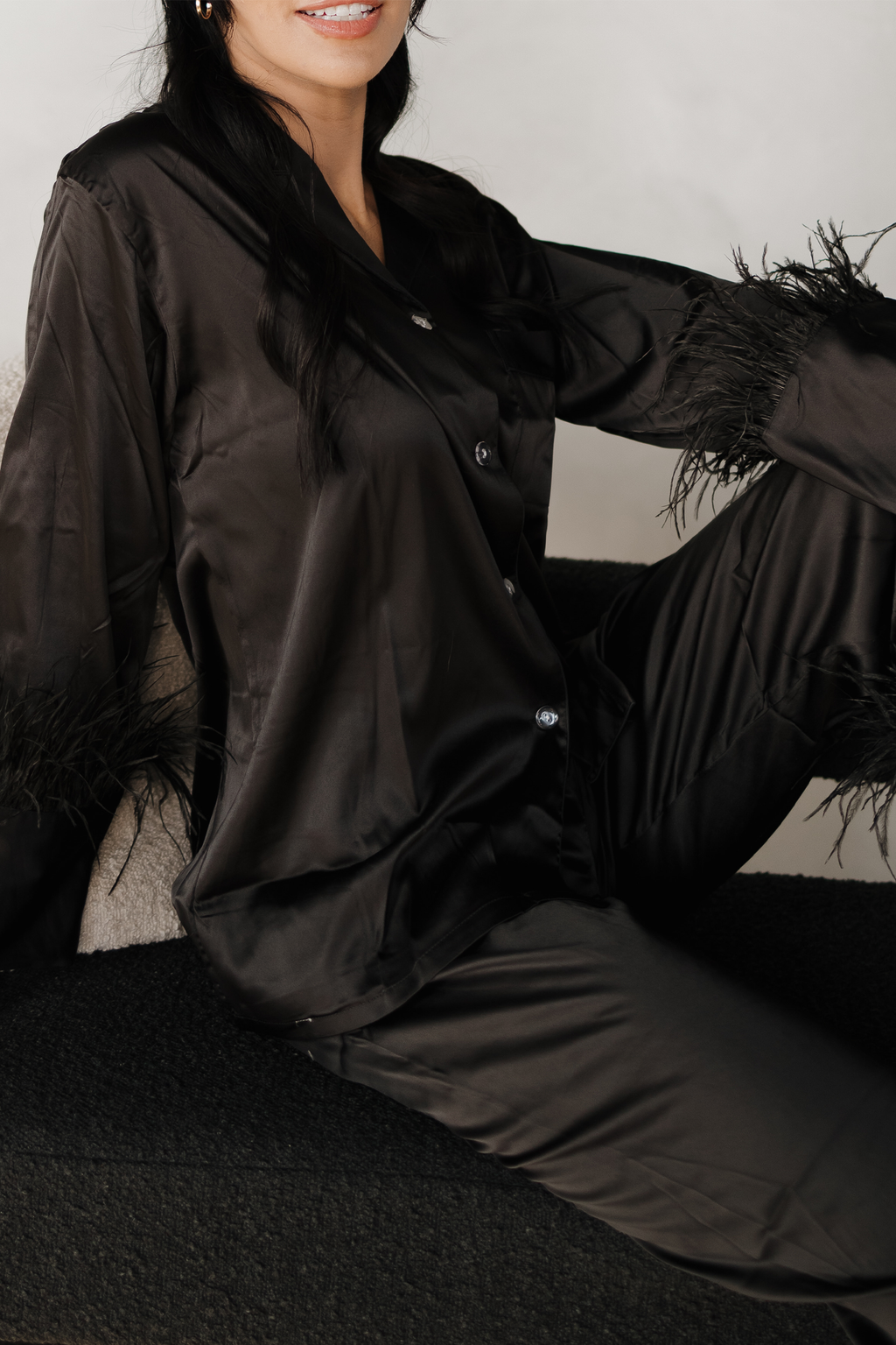 Black Feathers Satin Pants Set - Tigbul's Variety Fashion Shop