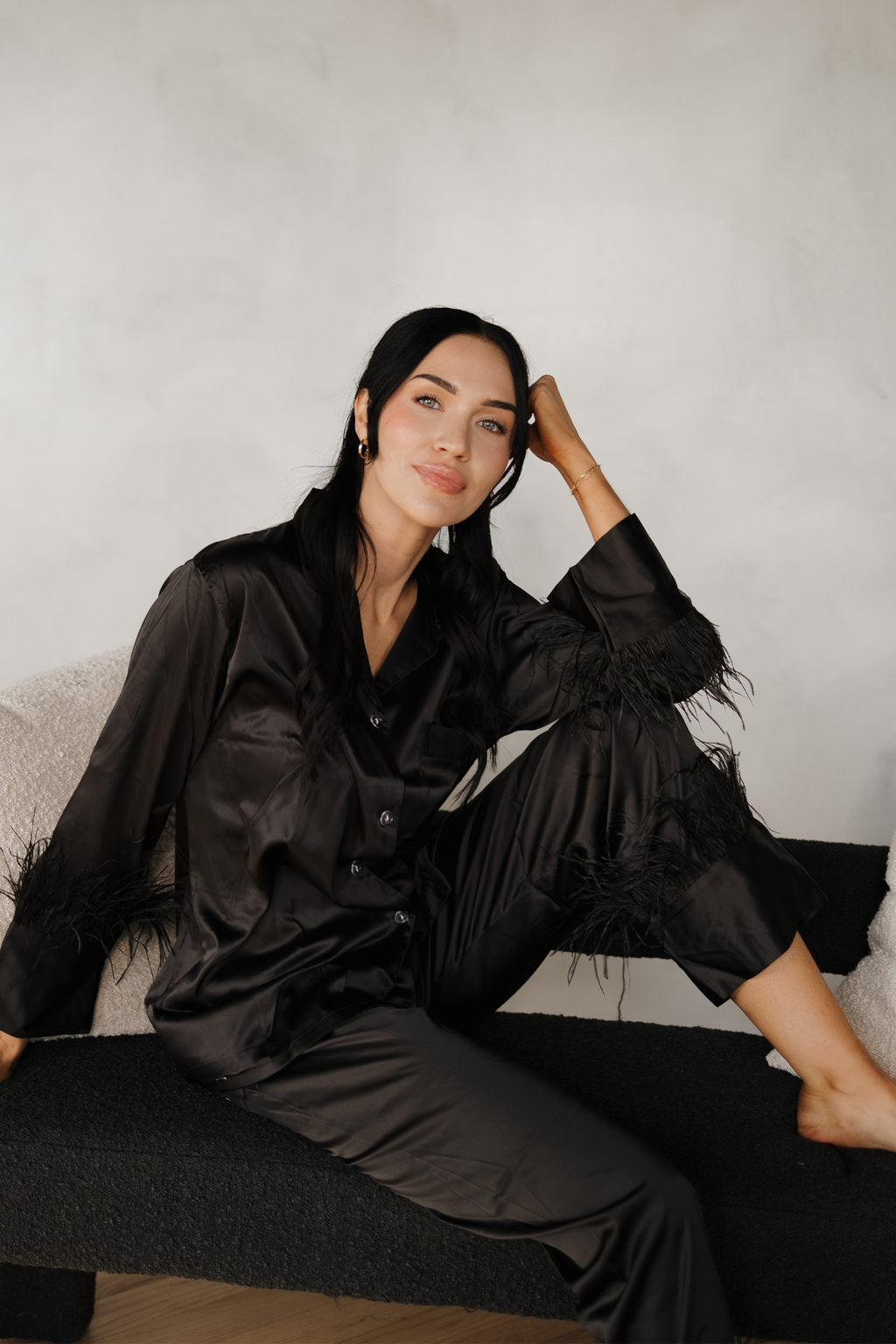 Black Feathers Satin Pants Set - Tigbul's Variety Fashion Shop