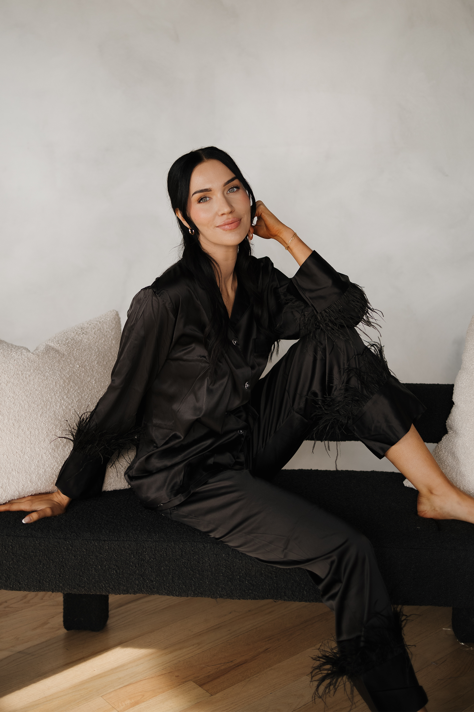 Black Feathers Satin Pants Set - Tigbul's Variety Fashion Shop