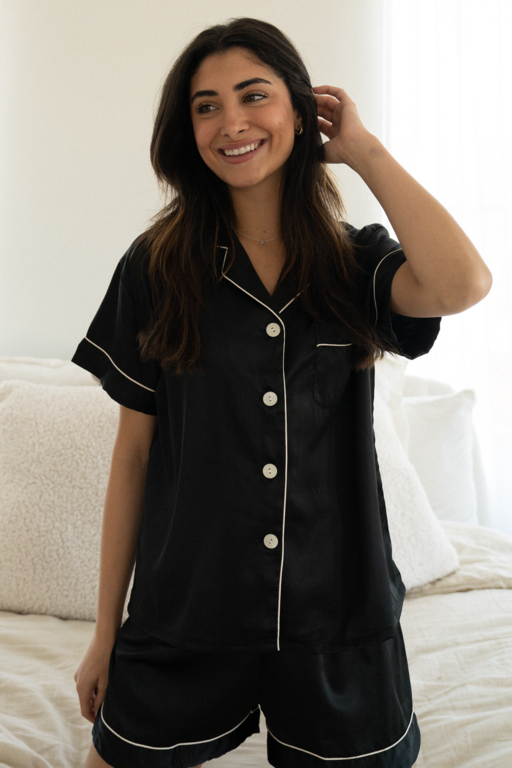 Black Satin Pajamas Shorts Set - Tigbul's Variety Fashion Shop
