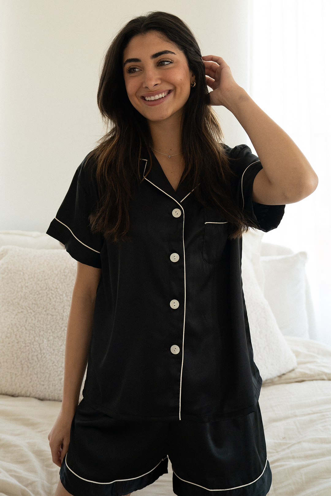 Black Satin Pajamas Shorts Set - Tigbul's Variety Fashion Shop