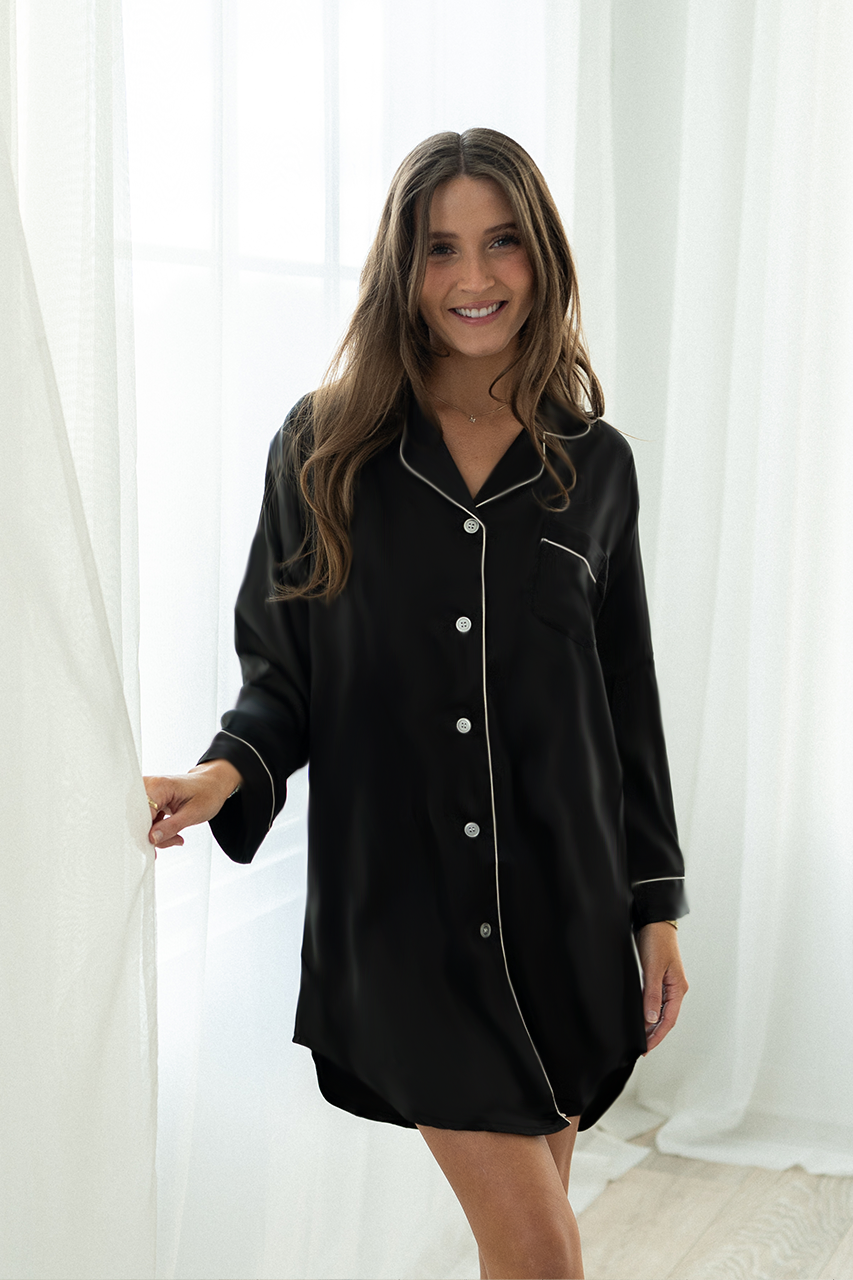 Black Satin Sleep Shirt - Tigbul's Variety Fashion Shop