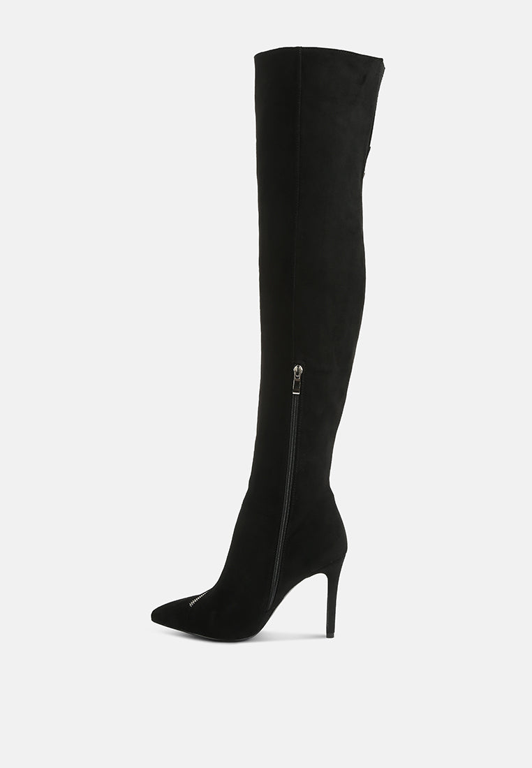 Tsarina zip-around long boot, black suede, front view with stiletto heel