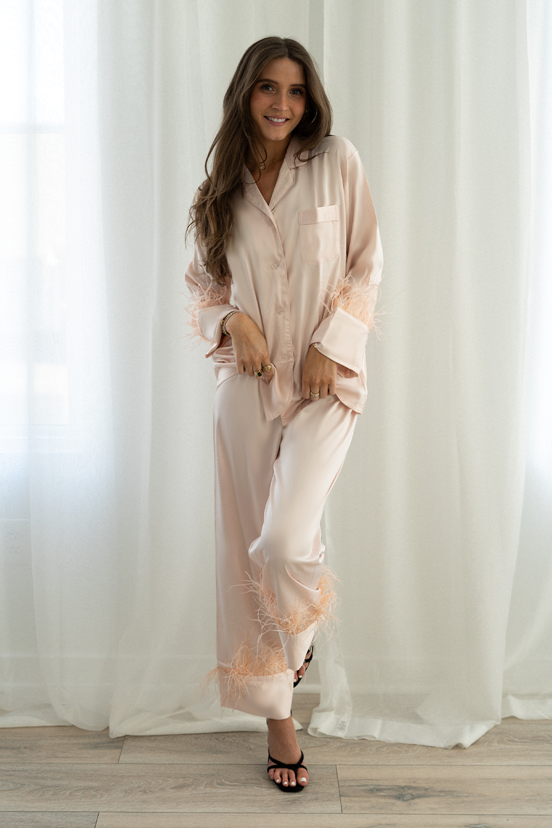 Blush Feather Satin Pants Set - Tigbul's Variety Fashion Shop
