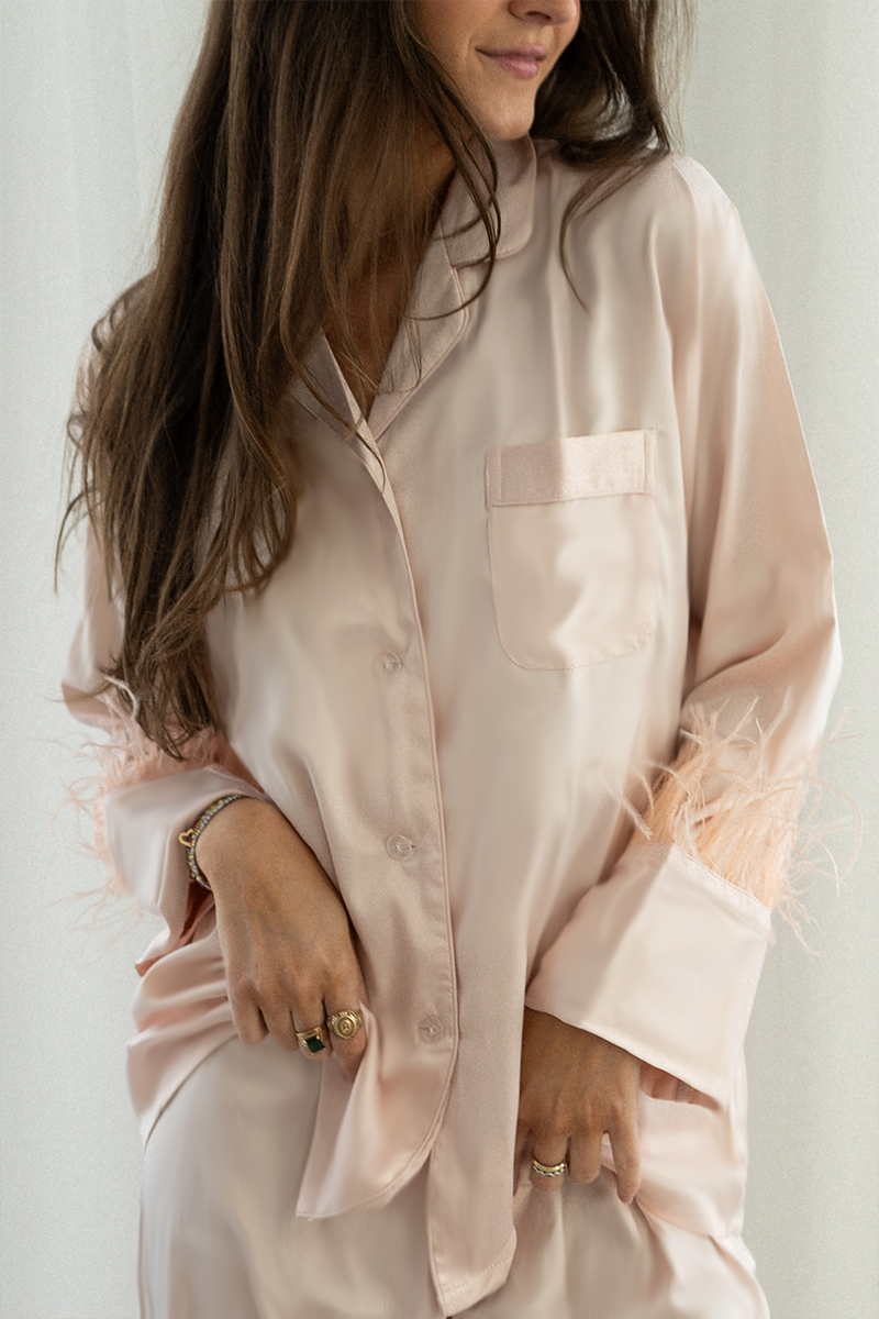 Blush Feather Satin Pants Set - Tigbul's Variety Fashion Shop