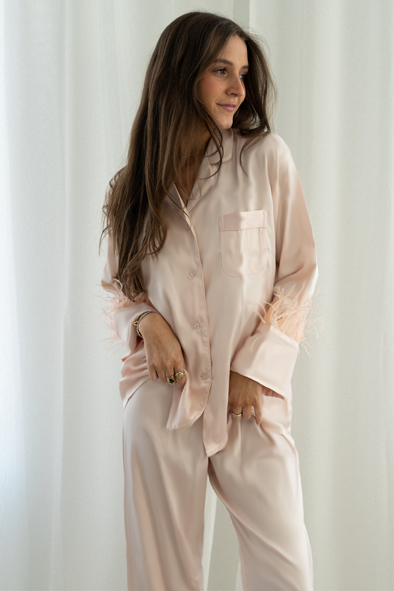 Blush Feather Satin Pants Set - Tigbul's Variety Fashion Shop