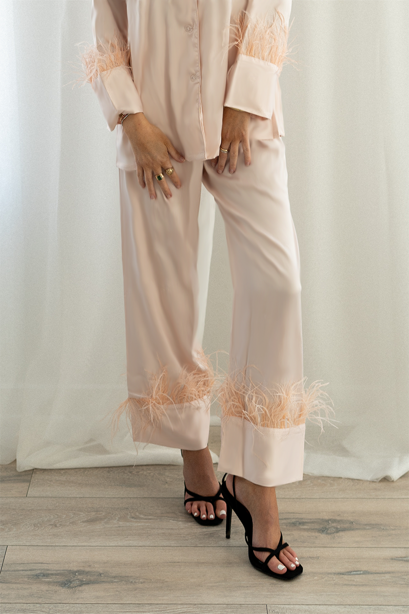 Blush Feather Satin Pants Set - Tigbul's Variety Fashion Shop