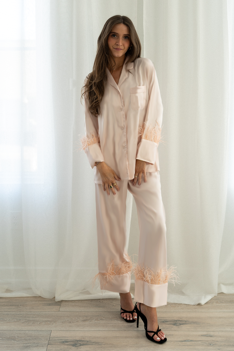 Blush Feather Satin Pants Set - Tigbul's Variety Fashion Shop
