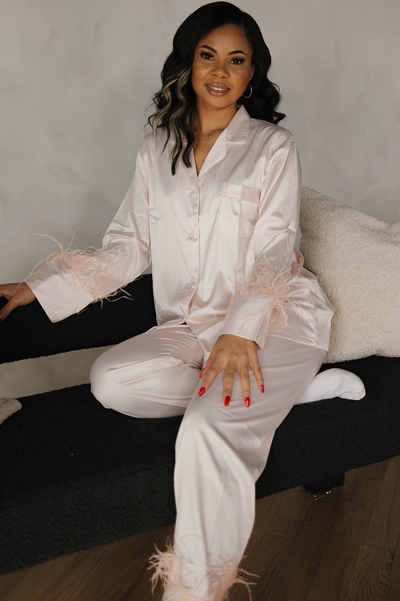 Blush Feather Satin Pants Set - Tigbul's Variety Fashion Shop