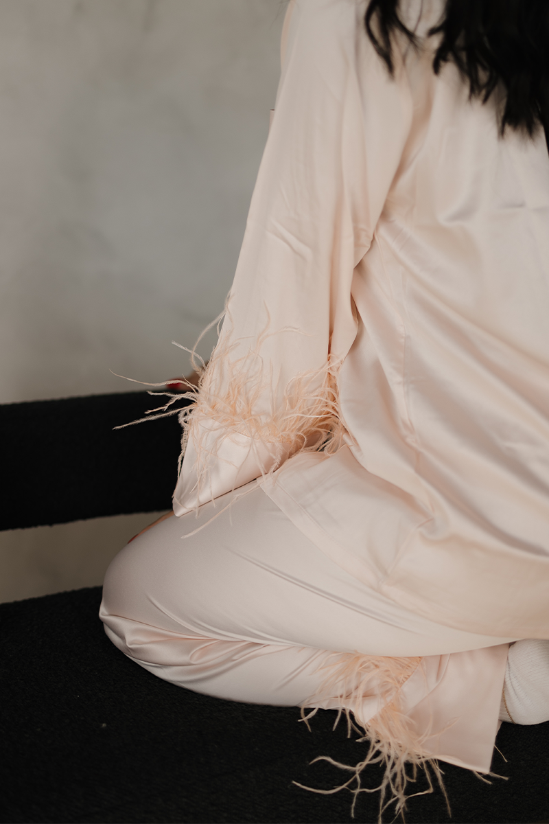 Blush Feather Satin Pants Set - Tigbul's Variety Fashion Shop