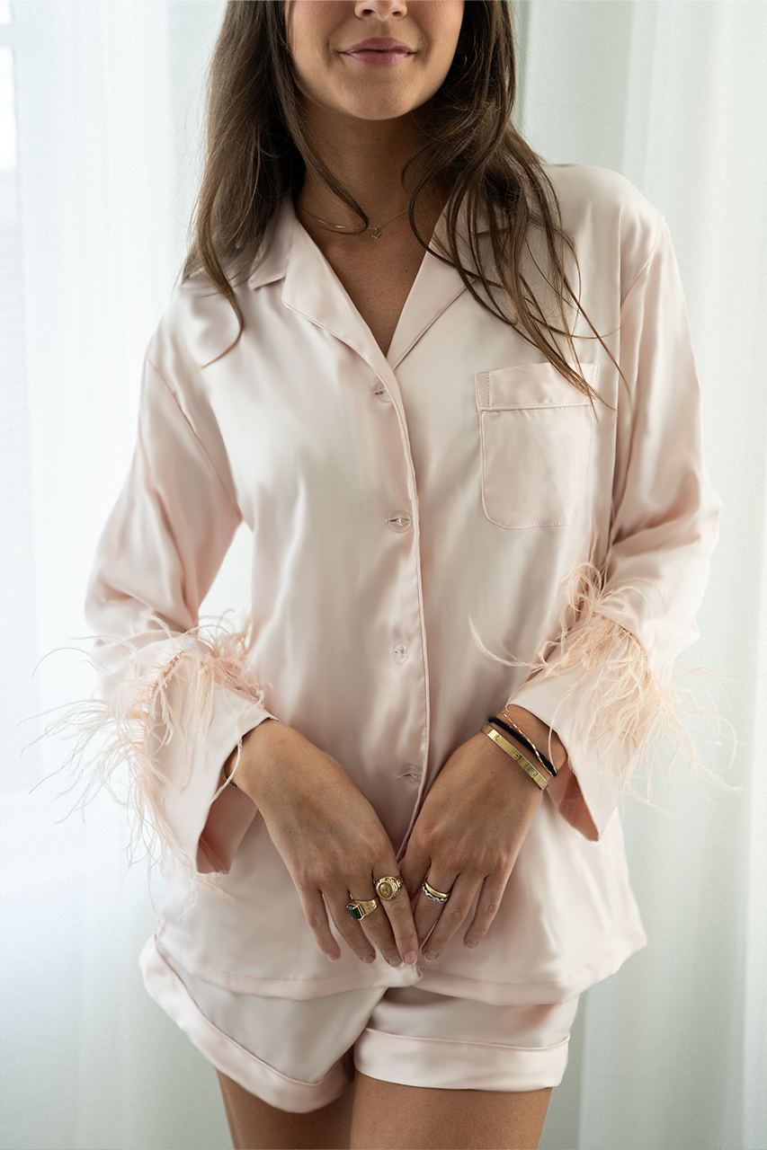 Blush Feathers Satin Shorts Set - Tigbul's Variety Fashion Shop