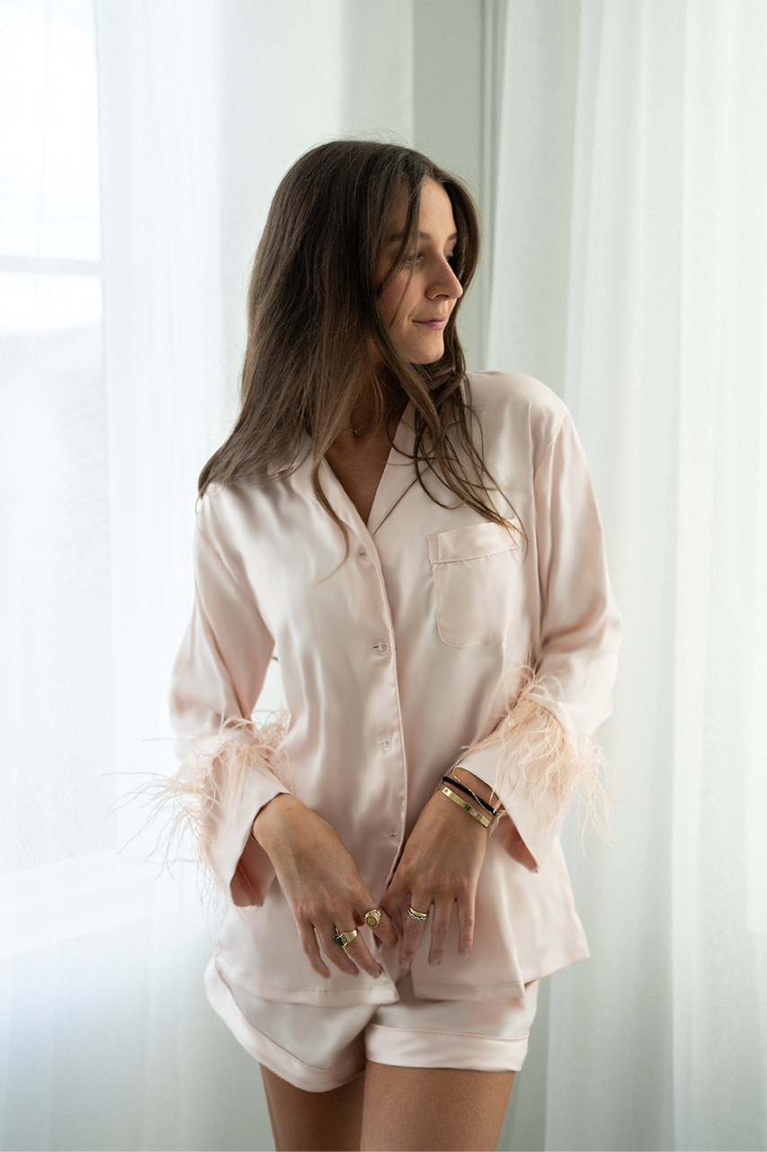 Blush Feathers Satin Shorts Set - Tigbul's Variety Fashion Shop