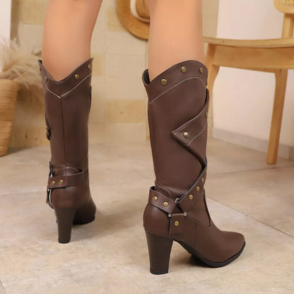Brown Point Toe High Block Heel Boots - Tigbul's Variety Fashion Shop