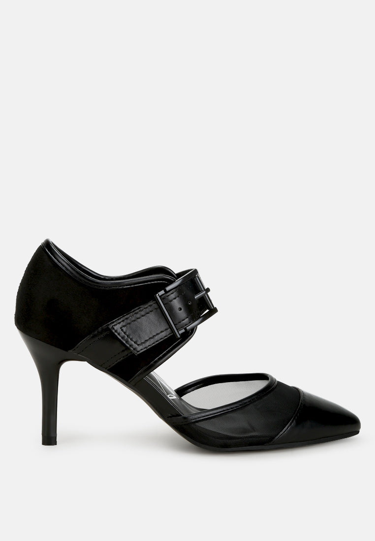 Aneri buckle detail pump sandals, black, closed toe with ankle buckle strap