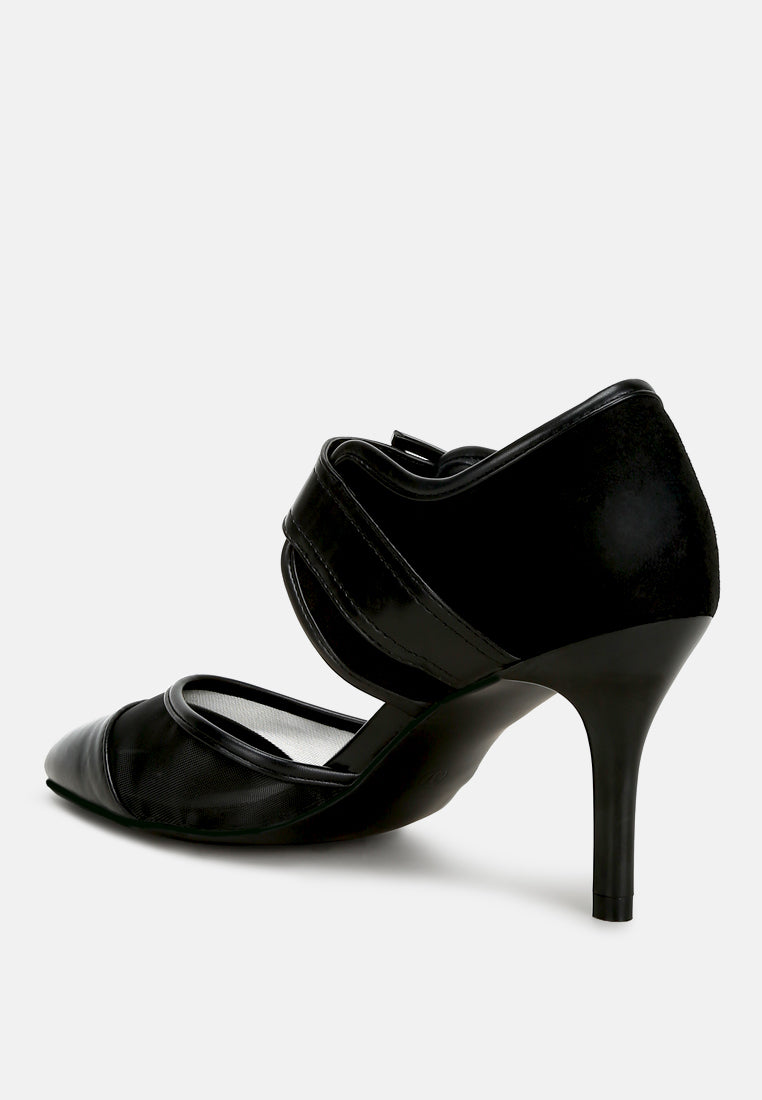 Aneri buckle detail pump sandals, black, side view with ankle strap and mesh back panel