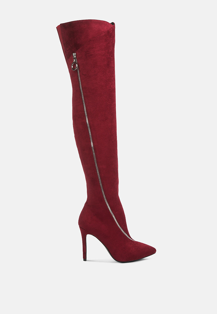 Tsarina zip-around long boot, burgundy suede with side zipper and stiletto heel
