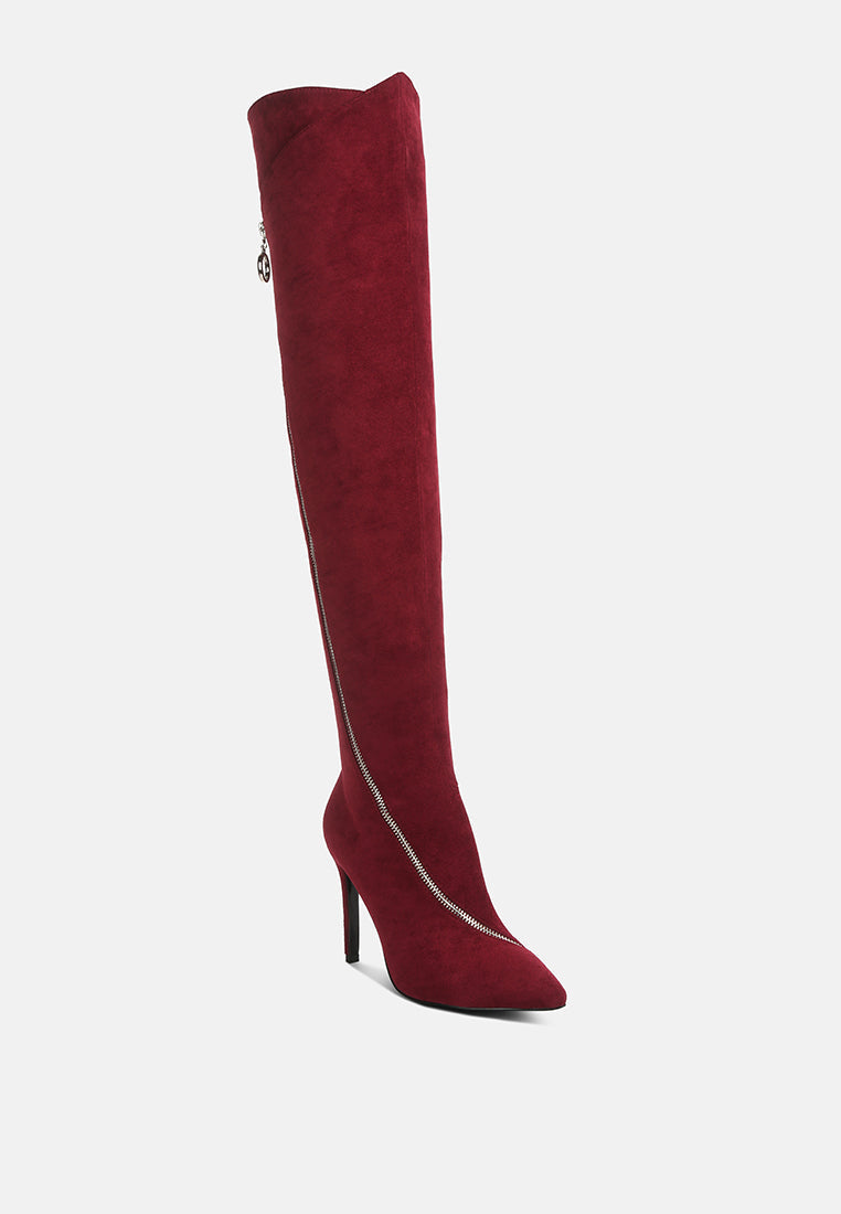 Tsarina zip-around long boot, burgundy suede with side zipper and slim heel