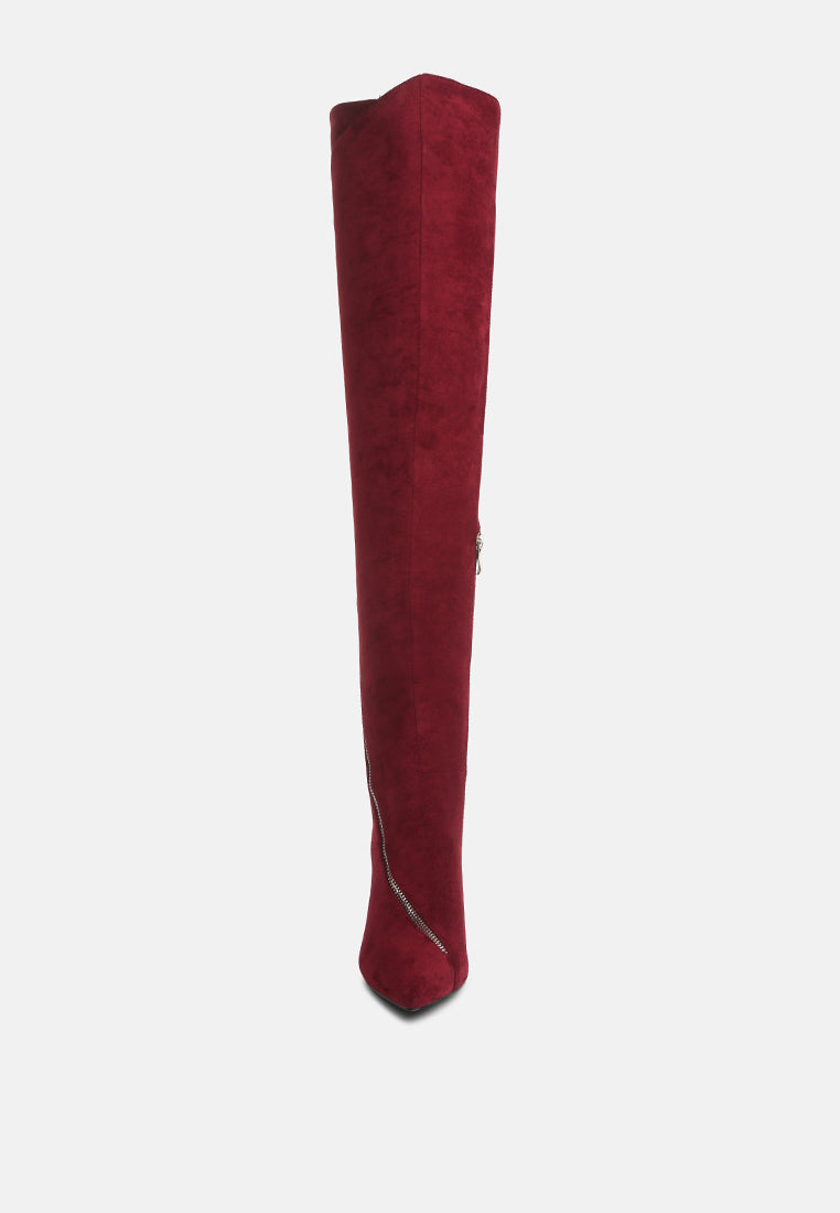 Tsarina zip-around long boot, burgundy suede, back view with zipper and stiletto