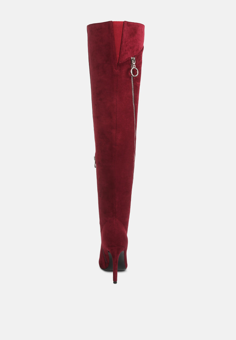 Tsarina zip-around long boot, burgundy suede, back view with ring zipper pull