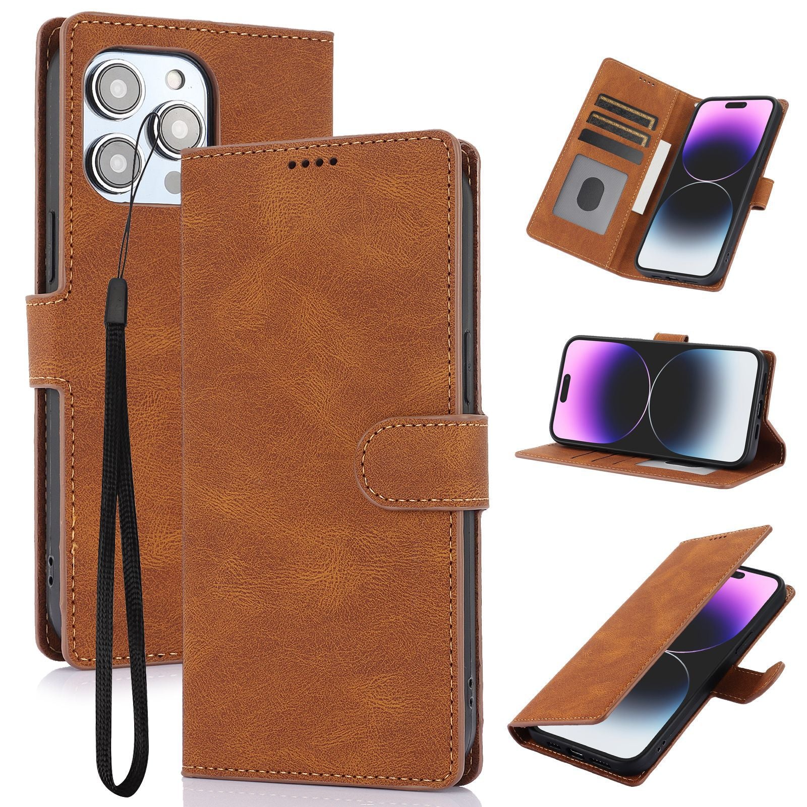 Braune Wallet-Handyhülle mit Klappdeckel, Kartenfach und Handgelenkriemen