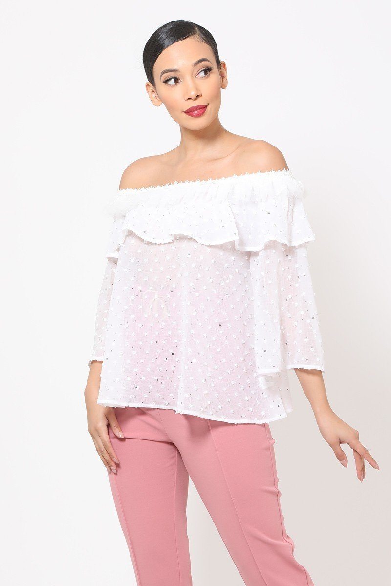 Sheer off-shoulder polka dot top in white, with layered ruffle sleeves