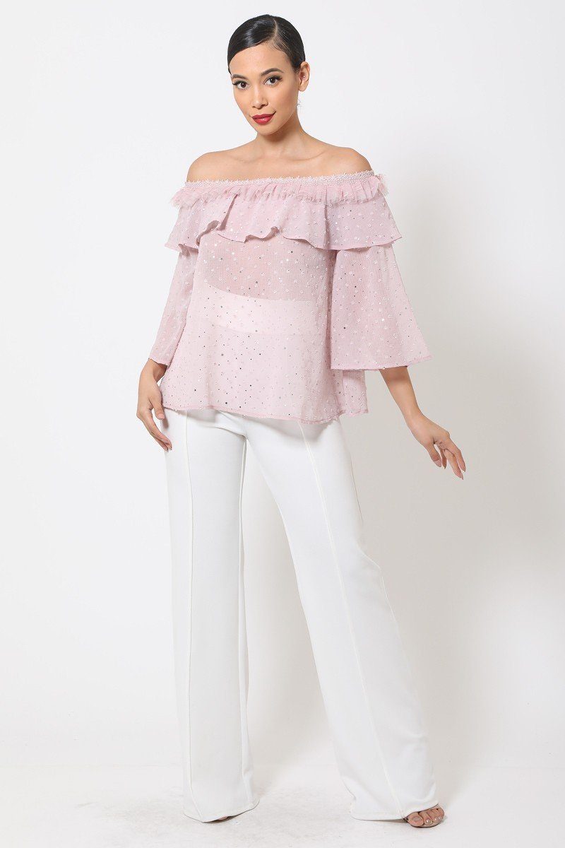 Mauve sheer polka dot off-shoulder top with ruffle layers and 3/4 sleeves