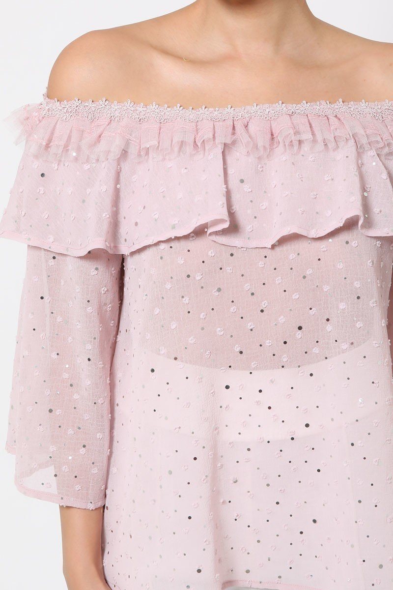 Mauve sheer off-shoulder top with polka dots, ruffled neckline and elastic seam