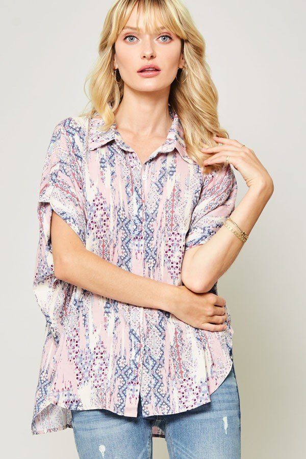 Ornate patterned woven top with collar, short sleeves, button front, pastel pink-blue