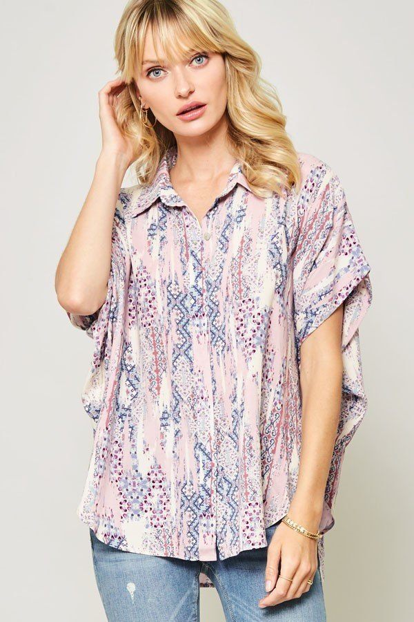 Ornate patterned woven top, open collar button front, short sleeves, pastel pink-blue