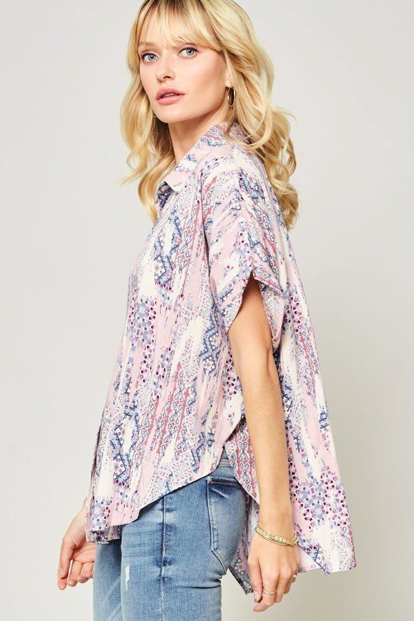 Ornate patterned woven top with flutter short sleeves and collar, pastel pink-blue print