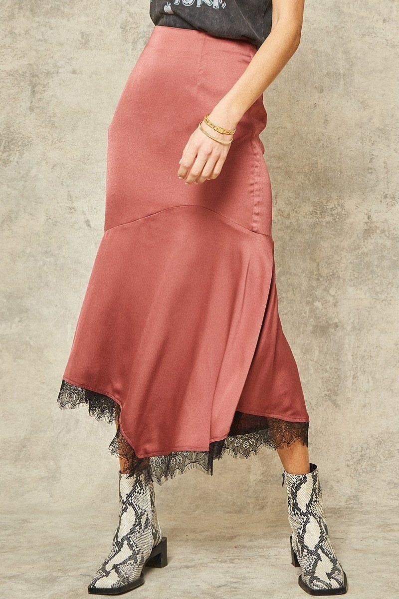 Solid woven midi skirt (rose) side view with high-slit drape and lace trim