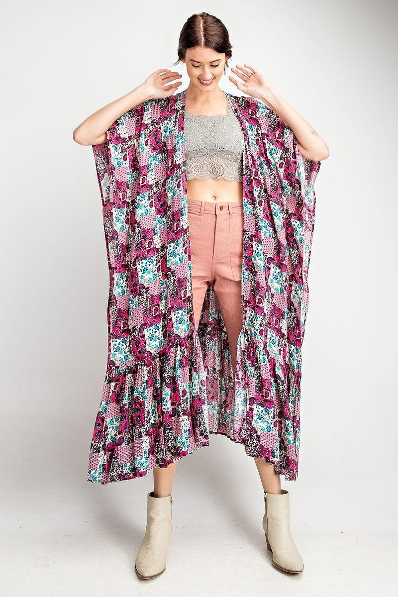 Rayon challis maxi open kimono with ruffle hem, short sleeves, patchwork print