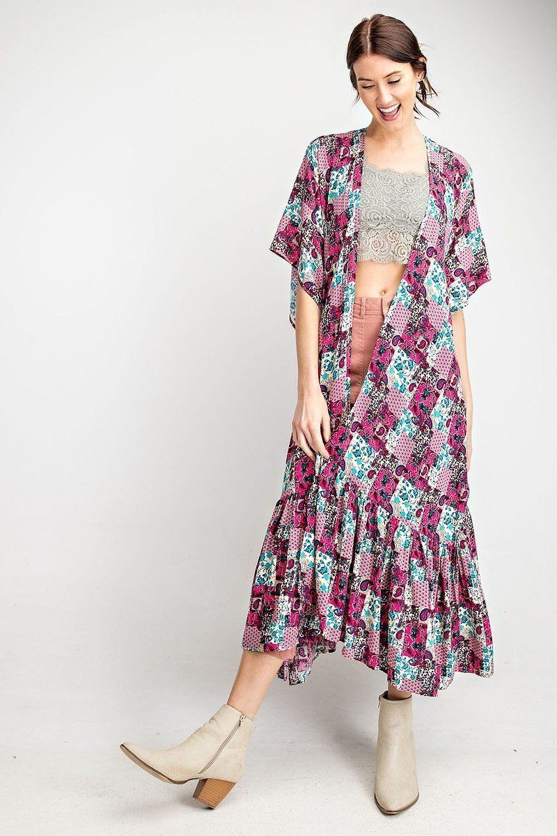 Open-front rayon challis kimono maxi with flutter sleeves and tiered ruffle bottom