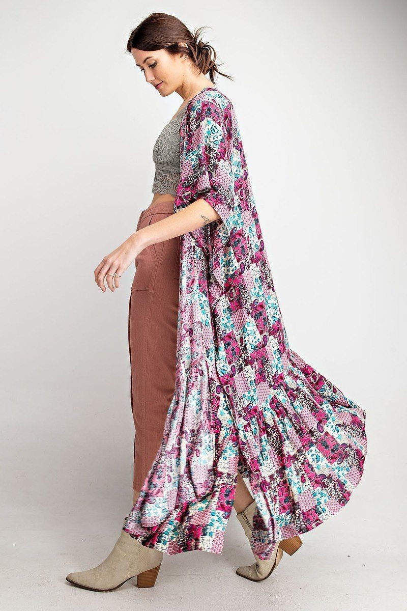 Side view: rayon challis open kimono maxi with flowing tiers and ruffled hem