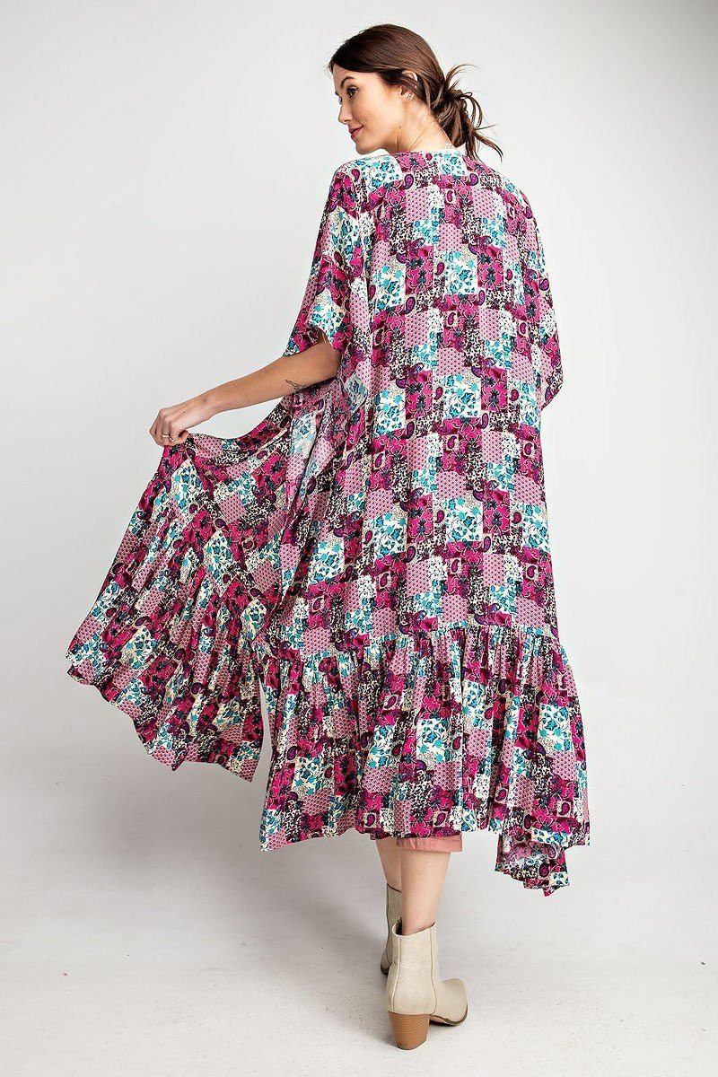 Back/side view: maxi open kimono with tiered ruffle hem and bold patch print