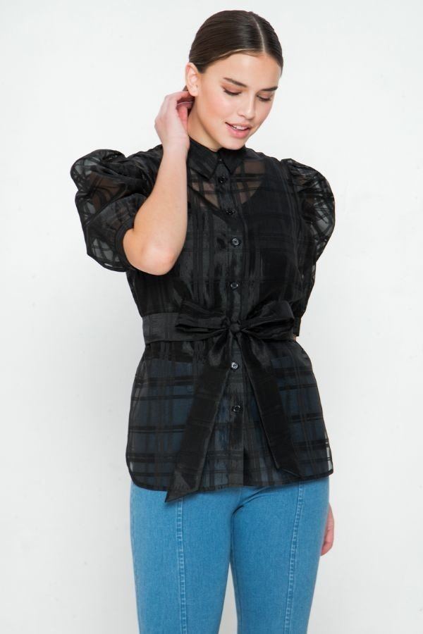 Black sheer organza mini top with button front, puff sleeves and tied waist
