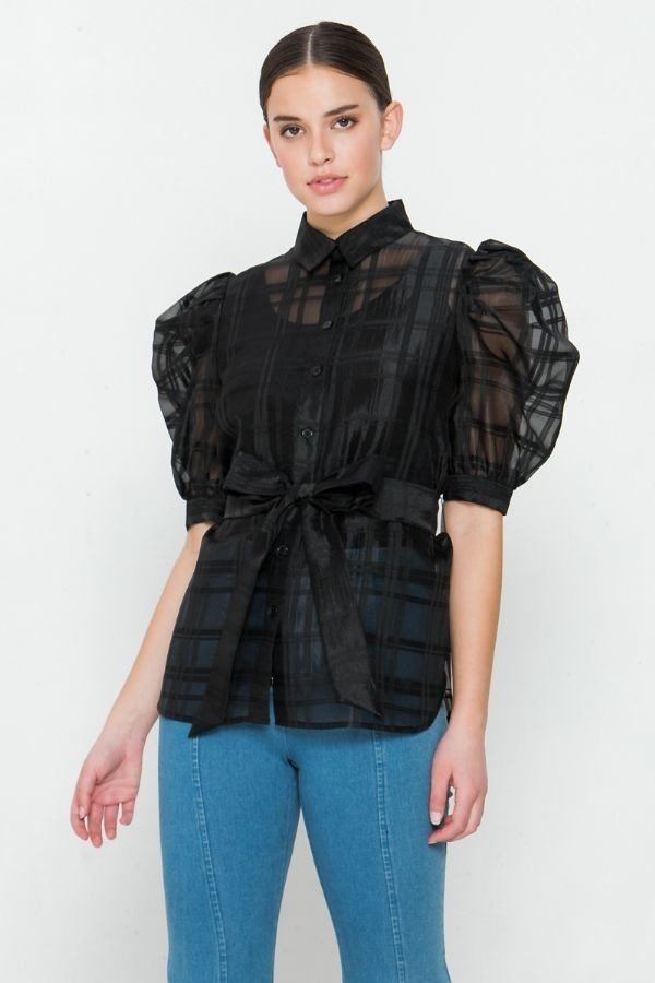 Black sheer organza mini top with puff sleeves, button front and tied waist