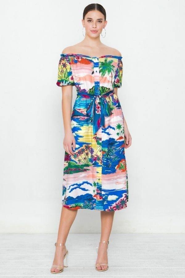 Printed woven off-shoulder dress with colorful tropical scene, tie waist, midi length.