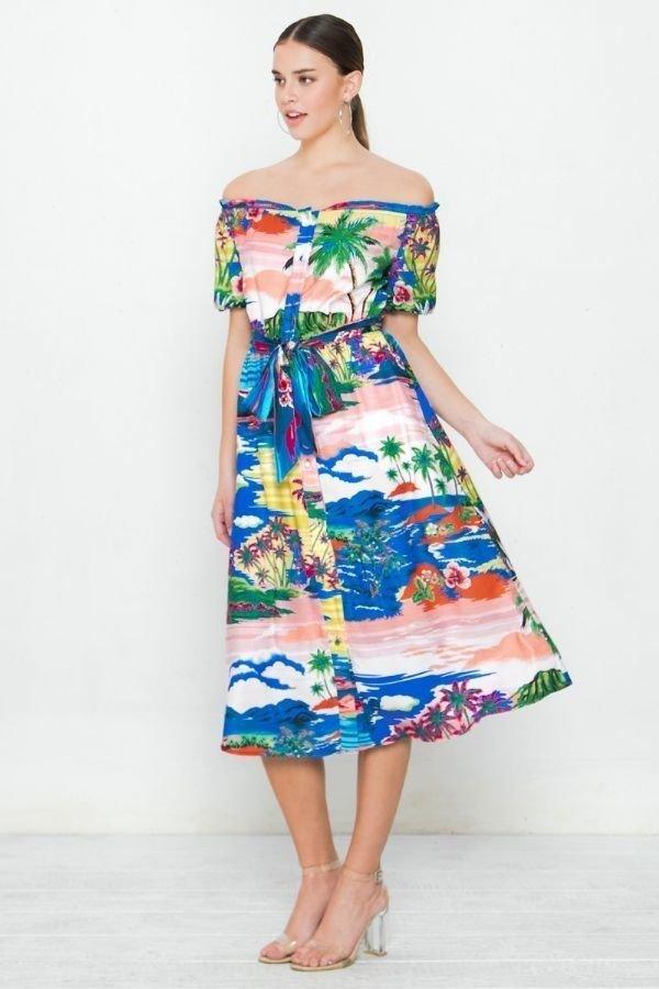 Colorful tropical print off-shoulder midi dress, gathered neckline and sash tie waist.