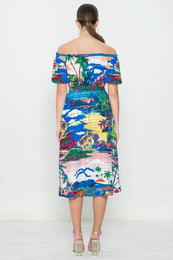 Back view of tropical printed off-shoulder midi dress with tie at waist, woven fabric.